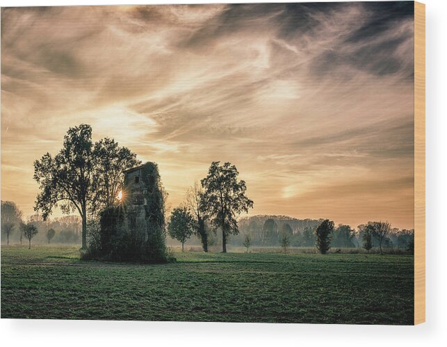 Fog Wood Print featuring the photograph Old Abandoned House Covered By Vegetation At Sunset by Denis Bondioli