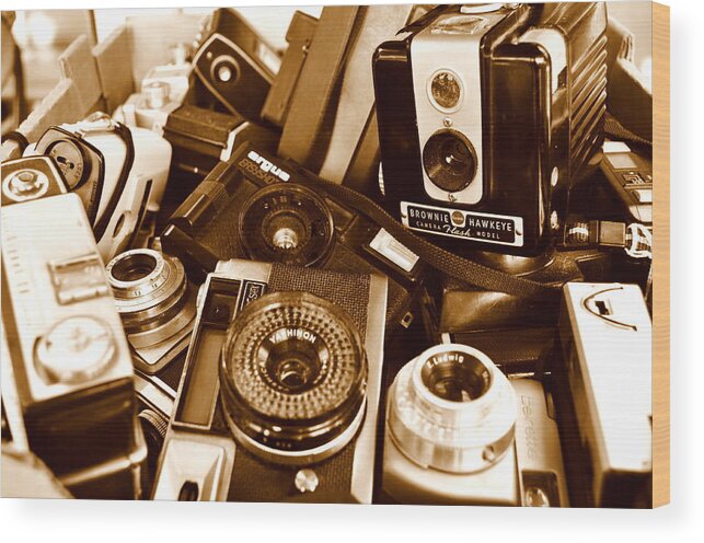  Vintage Camera Wood Print featuring the photograph Old cameras by Marina Slusar
