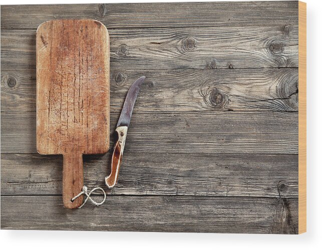 Empty Wood Print featuring the photograph Old Cutting Board And Knife by Barcin