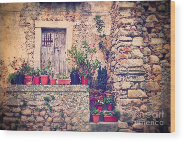 Architecture Wood Print featuring the photograph Old Italian door with flower vases by Silvia Ganora