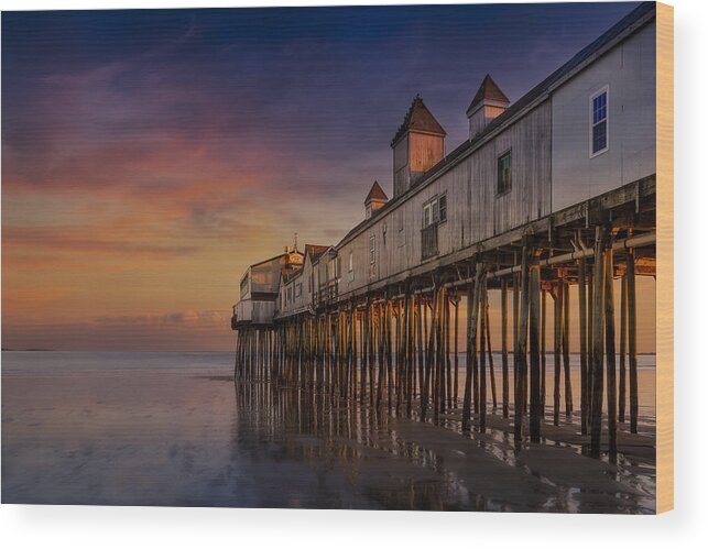 Old Orchard Beach Wood Print featuring the photograph Old Orchard Beach Pier Sunset by Susan Candelario
