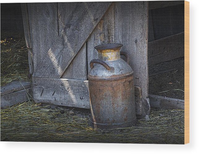 Creamery Can Wood Print featuring the photograph Old Prairie Homestead Vintage Creamery Can by the barn door by Randall Nyhof