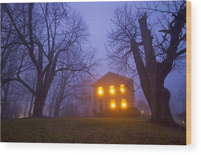 Tranquility Wood Print featuring the photograph Old stone house on foggy night by Matt Champlin