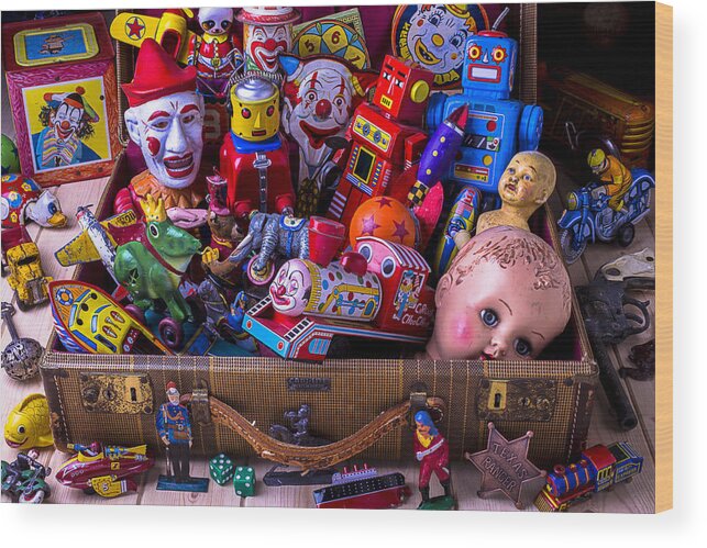 Suitcase Wood Print featuring the photograph Old Toys In Suitcase by Garry Gay