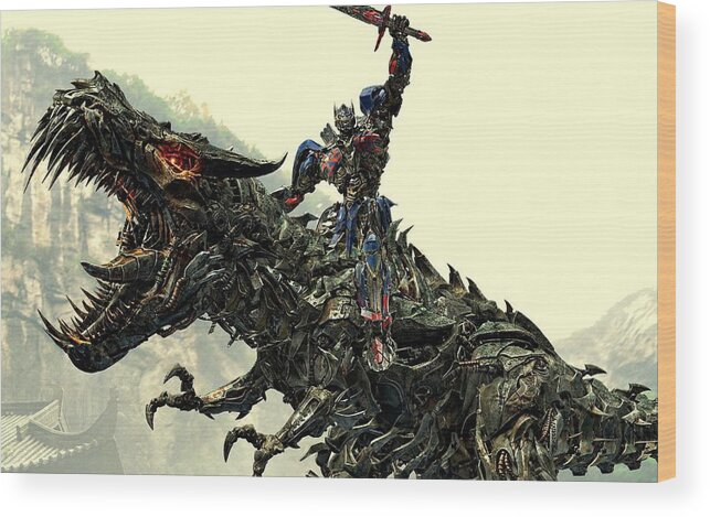 Transformers 4 Wood Print featuring the digital art Optimus Prime Riding Grimlock by Movie Poster Prints