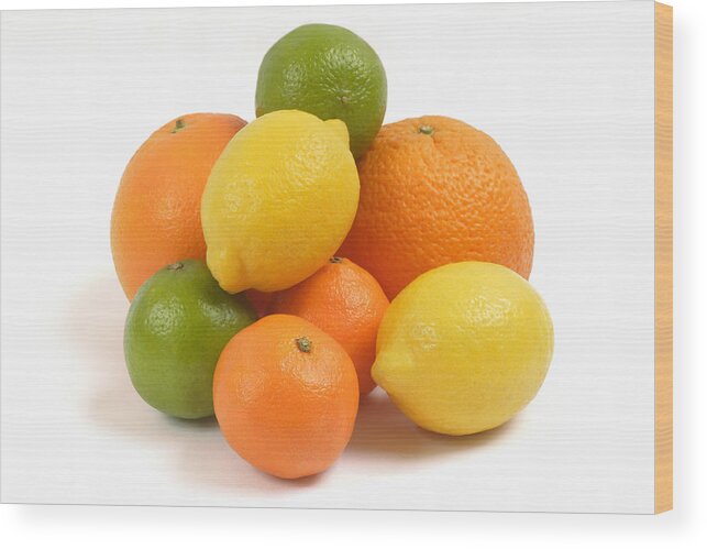 White Background Wood Print featuring the photograph Oranges, lemons, limes and satsumas by Rosemary Calvert