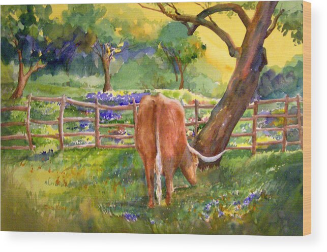 Longhorn Wood Print featuring the painting Out to Pasture by Sue Kemp