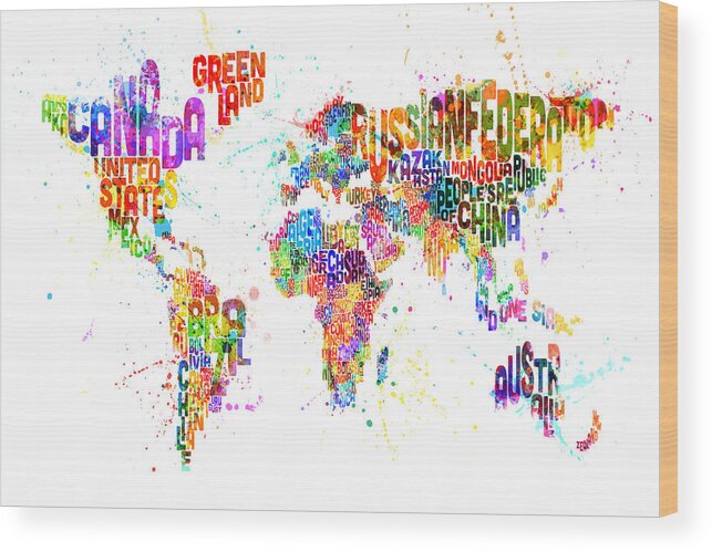 Map Of The World Wood Print featuring the digital art Paint Splashes Text Map of the World by Michael Tompsett