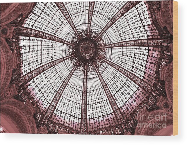 Paris Galeries Lafayette Ceiling Dome Wood Print featuring the photograph Paris Galeries Lafayette Stained Glass Ceiling Dome - Paris Art Nouveau Abstract Dome Architecture by Kathy Fornal