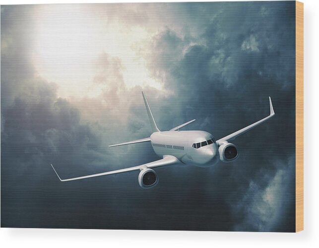 Problems Wood Print featuring the photograph Passenger Airplane Flying In Storm by Spooh