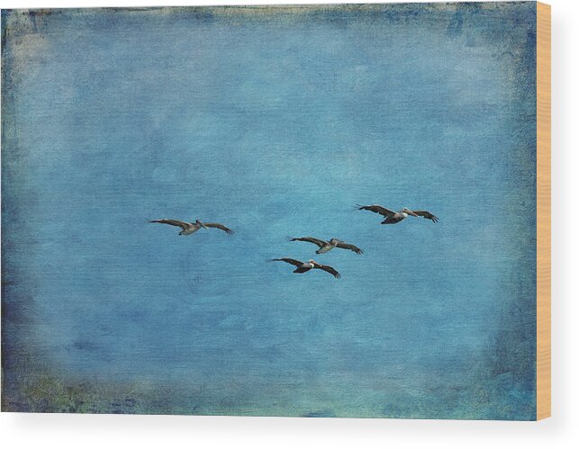 Ocean Wood Print featuring the photograph Pelicans In Flight by Mary Jo Allen