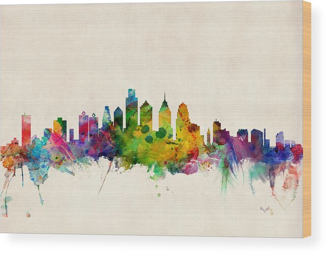 Watercolour Wood Print featuring the digital art Philadelphia Skyline by Michael Tompsett