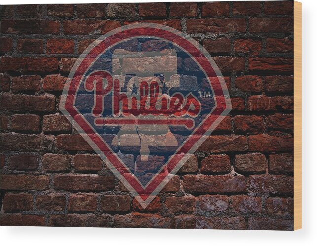 Baseball Wood Print featuring the photograph Phillies Baseball Graffiti on Brick by Movie Poster Prints