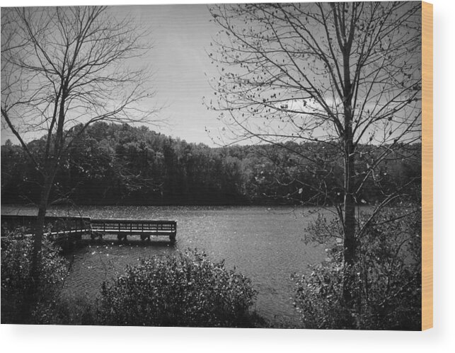 Kelly Hazel Wood Print featuring the photograph Pier at Table Rock in Black and White by Kelly Hazel