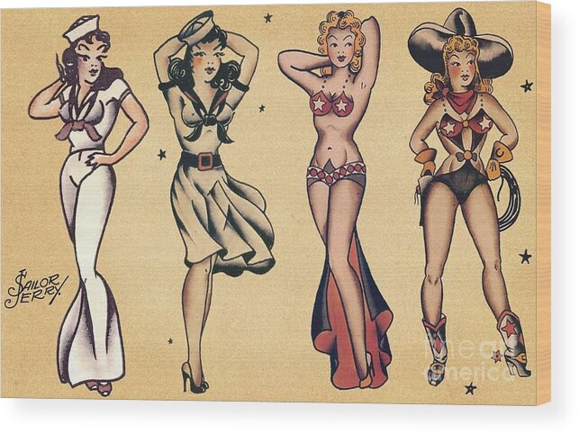 Vintage Wood Print featuring the photograph Pin Up Girl Tattoo Sheet by Action