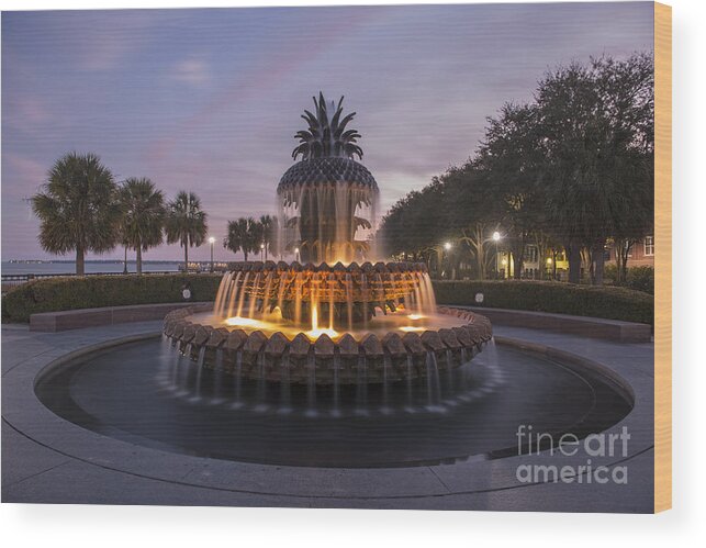Pineapple Fountain Wood Print featuring the photograph Pineapple Fountain at Night by Dale Powell