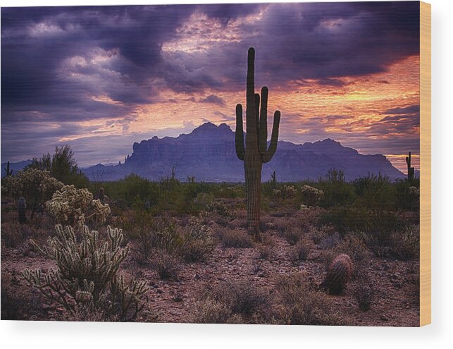 Sunrise Wood Print featuring the photograph Pink Skies at the Superstitions by Saija Lehtonen