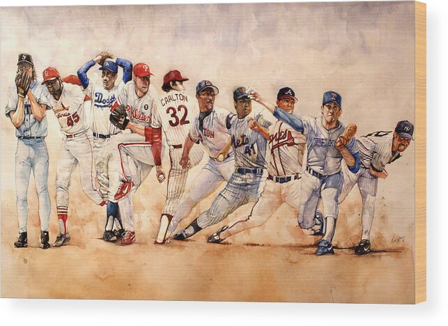 Sport Wood Print featuring the painting PItching Windup by Michael Pattison