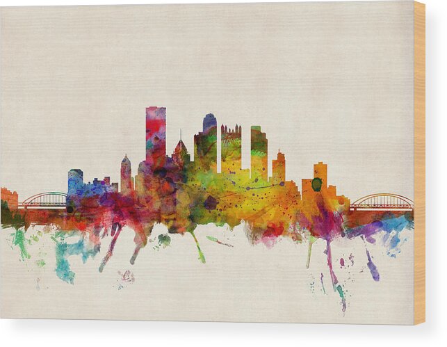 Watercolour Wood Print featuring the digital art Pittsburgh Pennsylvania Skyline by Michael Tompsett