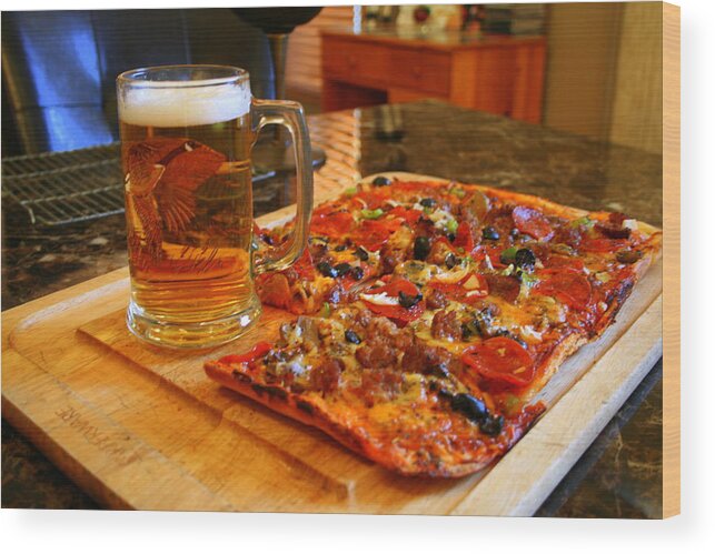 Food Wood Print featuring the photograph Pizza And Beer by Kay Novy