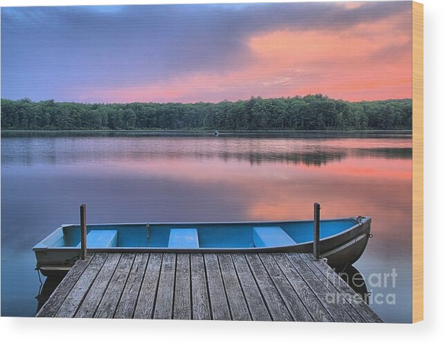 Rowboat On Lake Whitney Wood Print featuring the photograph Poconos Lake Whitney Sunset Rowboat by Adam Jewell