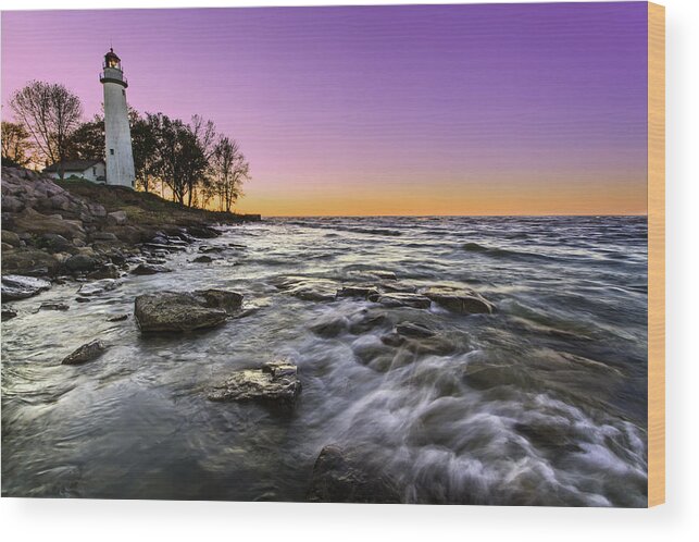 Water's Edge Wood Print featuring the photograph Point Aux Barques Lighthouse by Joshua Bozarth