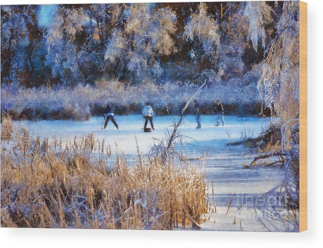 Pond Wood Print featuring the photograph Pond Hockey - Painterly by Les Palenik