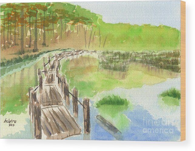 Pond Wood Print featuring the painting Pond with Rickety Wooden Bridge by Beverly Claire Kaiya