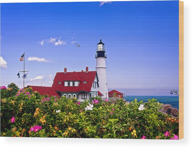 Maine Wood Print featuring the photograph Portland Head Light and Roses by Mitchell R Grosky