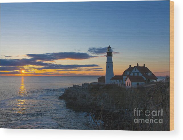 Lighthouse Wood Print featuring the photograph Portland Head Light at Sunrise by Diane Diederich
