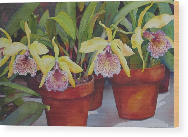 Floral Wood Print featuring the painting Potted Orchids by Judy Mercer