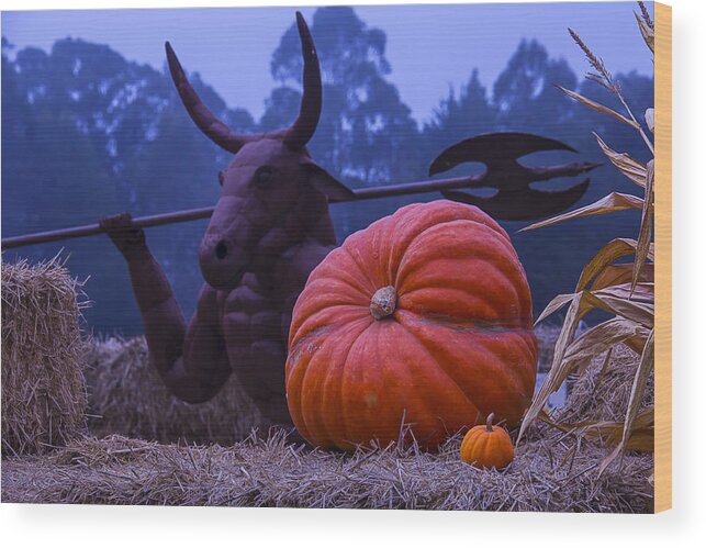 Statue Wood Print featuring the photograph Pumpkin and Minotaur by Garry Gay