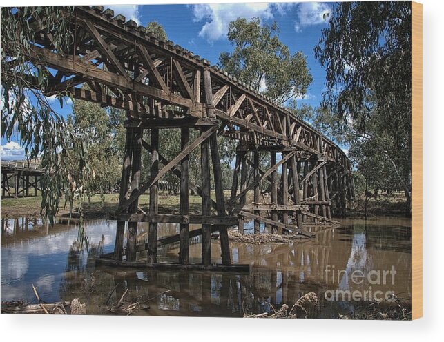 Heritage Wood Print featuring the photograph Rail Truss Bridge with Timber Beam Road Bridge in Background by Peter Kneen