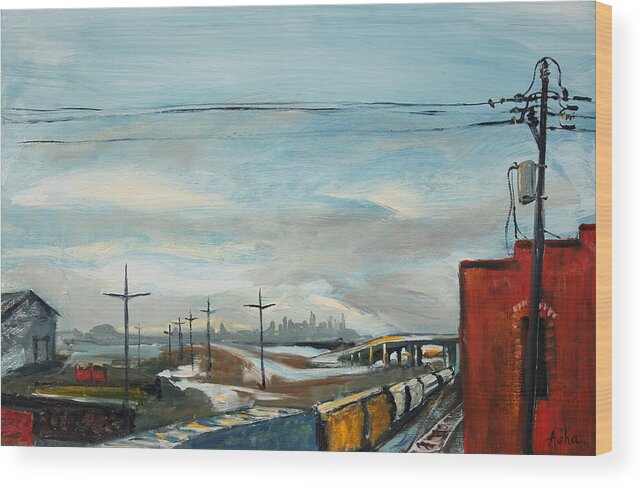 Industrial Landscape Painting Wood Print featuring the painting Rain Train by Asha Carolyn Young