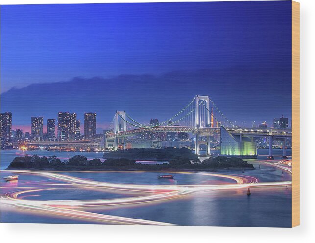 Built Structure Wood Print featuring the photograph Rainbow Bridge And Tokyo Skyline by Image Provided By Duane Walker