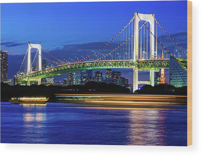 Downtown District Wood Print featuring the photograph Rainbow Bridge At Dusk, Tokyo, Japan by Mbbirdy