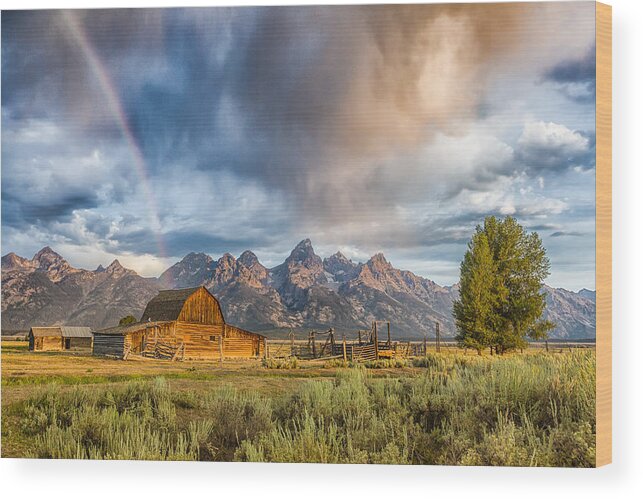 America Wood Print featuring the photograph Rainbow on Moulton Barn - Horizontal - Grand Teton National Park by Andres Leon