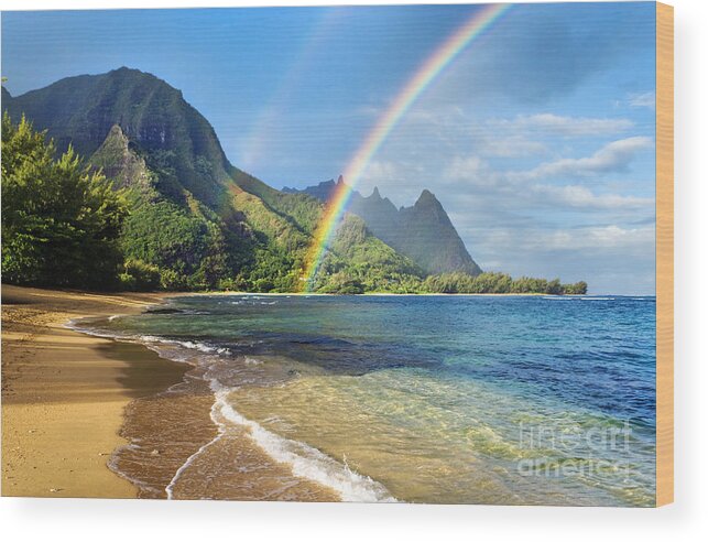 Amazing Wood Print featuring the photograph Rainbow over Haena Beach by M Swiet Productions