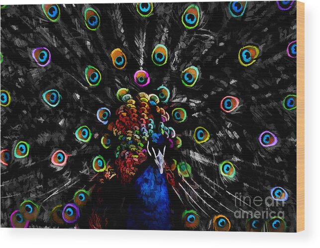 Colorful Peacock Wood Print featuring the digital art Rainbow Peacock by Jayne Carney