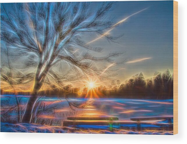 Snow Wood Print featuring the photograph Rainbow Sunset on Snow Covered Lake by Beth Venner