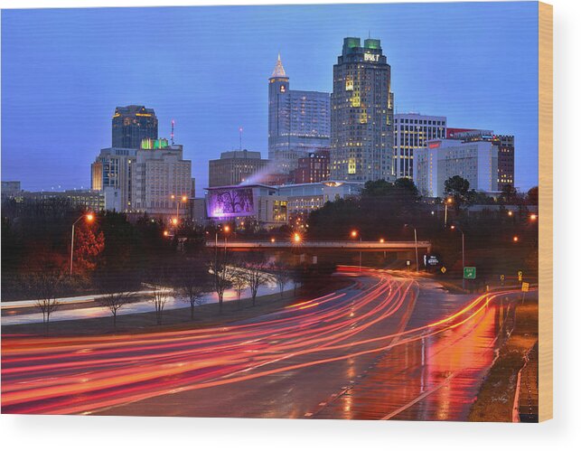Raleigh Skyline Wood Print featuring the photograph Raleigh Skyline at Dusk Evening Color Evening Panorama North carolina NC by Jon Holiday