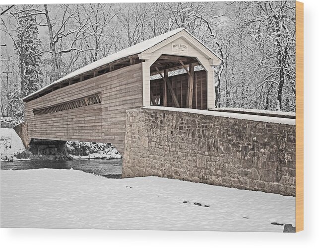 Black And White Wood Print featuring the photograph Rapps Bridge in Winter by Michael Porchik