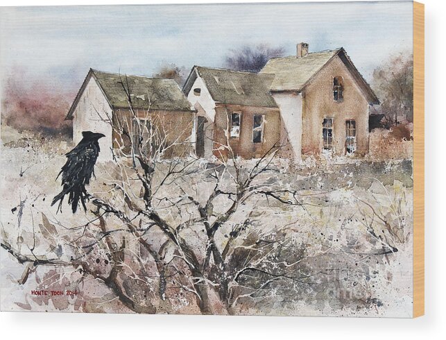 A Raven Pauses To Survey The Condition Of A Deserted House In The Country. Wood Print featuring the painting Raven Roost by Monte Toon