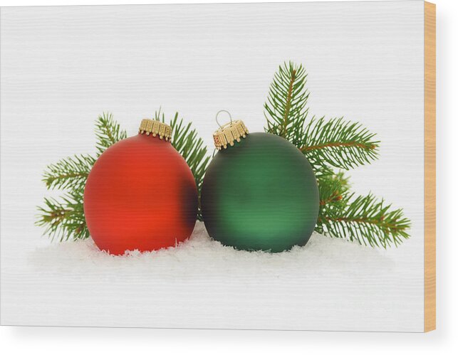 Christmas Wood Print featuring the photograph Red and green Christmas baubles by Elena Elisseeva