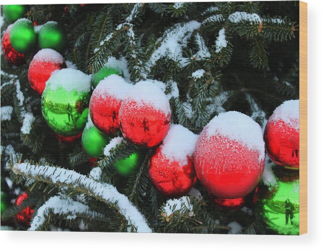 Red And Green Christmas Ornaments Wood Print featuring the photograph Red and Green Christmas Ornaments by Suzanne DeGeorge