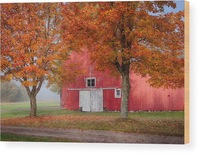 Fall Colors Wood Print featuring the photograph Red Barn With White Barn Door by Jeff Folger