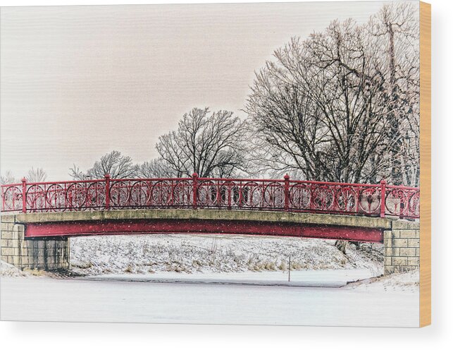 Detroit Wood Print featuring the photograph Red Bridge in Winter by Winnie Chrzanowski