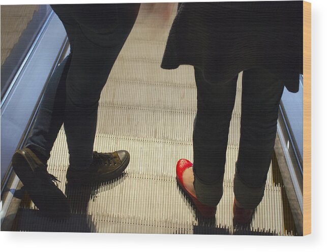 Legs Wood Print featuring the photograph Red Shoe on Escalator by Lynn Hansen