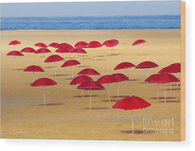 Abstract Wood Print featuring the photograph Red Umbrellas by Carlos Caetano