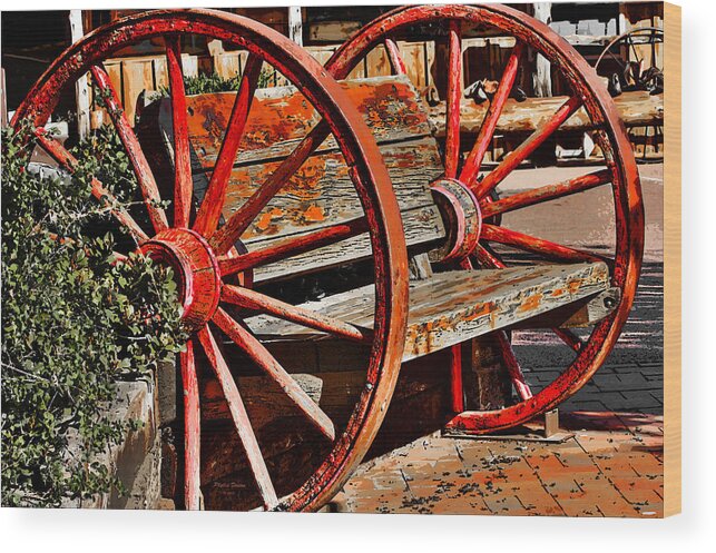 Wheel Wood Print featuring the photograph Red Wagon Wheel Bench by Phyllis Denton